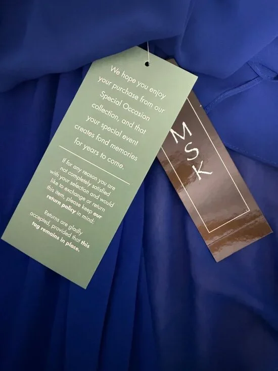 MSK Chiffon Sheath Rhinestone Trim Dress Womens M Royal Blue Asymmetric Cape - Picture 12 of 12